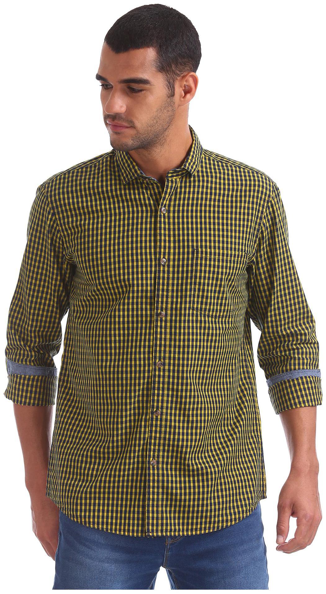 

RUGGERS Men Yellow Checked Regular Fit Casual Shirt