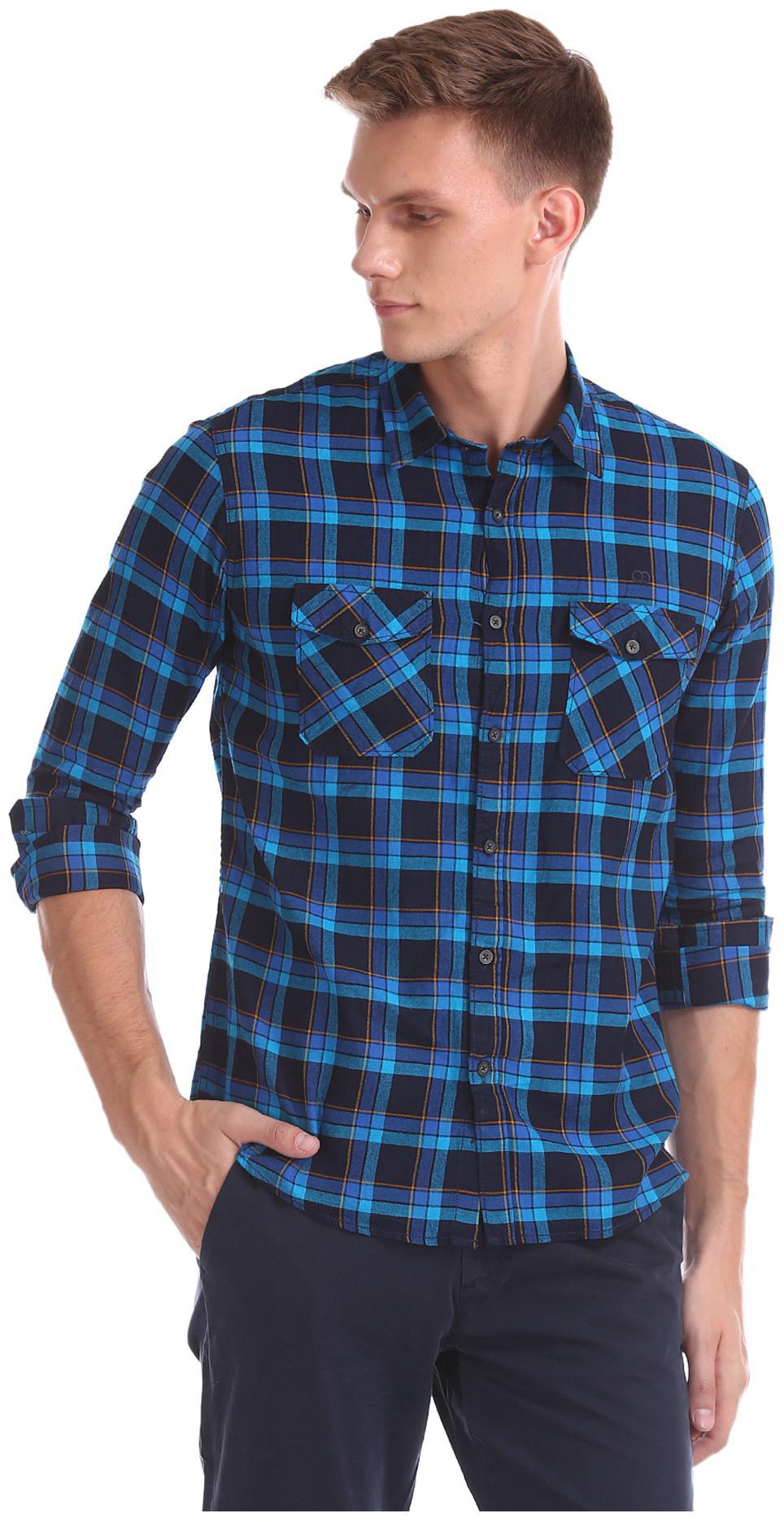 

RUGGERS Men Blue Checked Regular Fit Casual Shirt