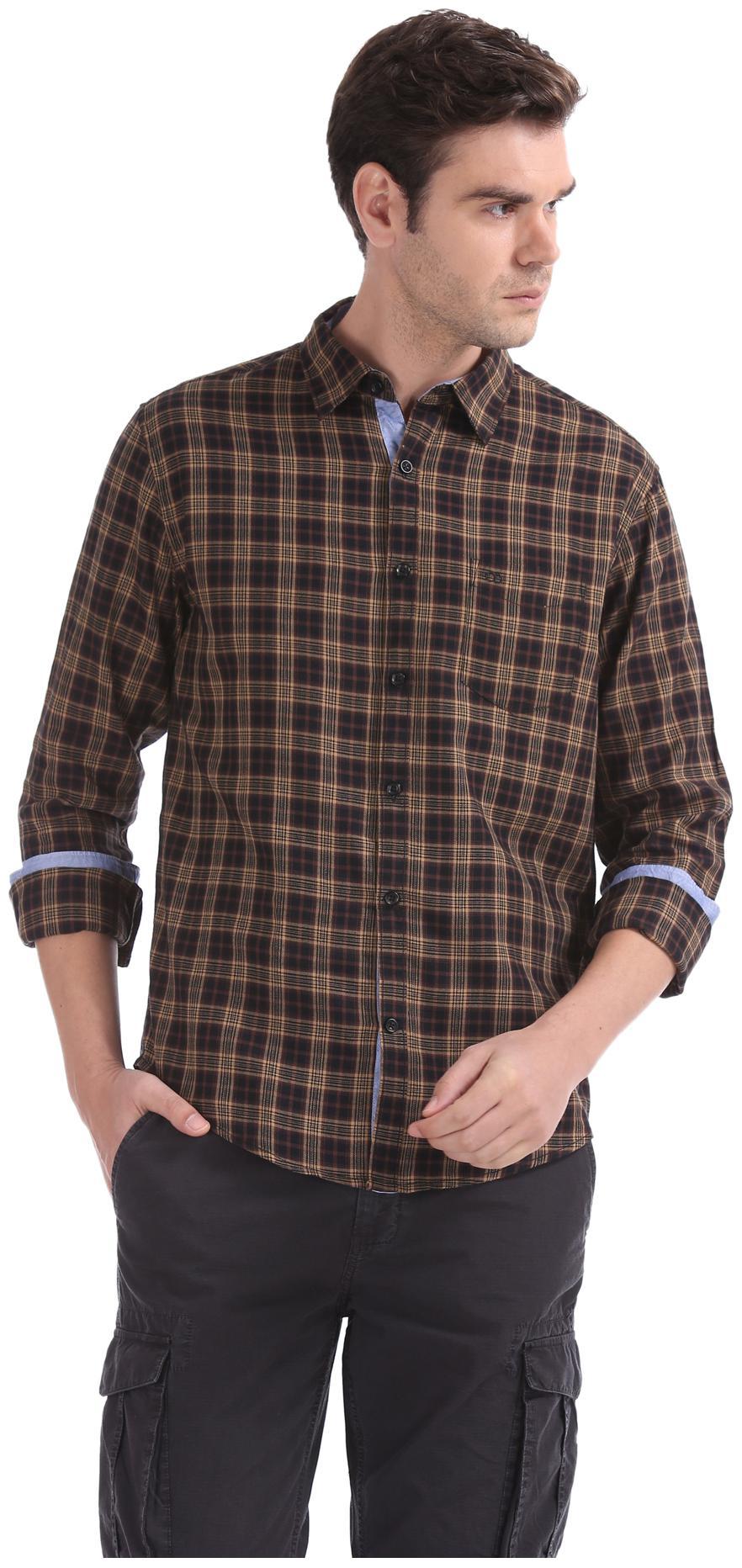 

RUGGERS Men Brown Checked Slim Fit Casual Shirt
