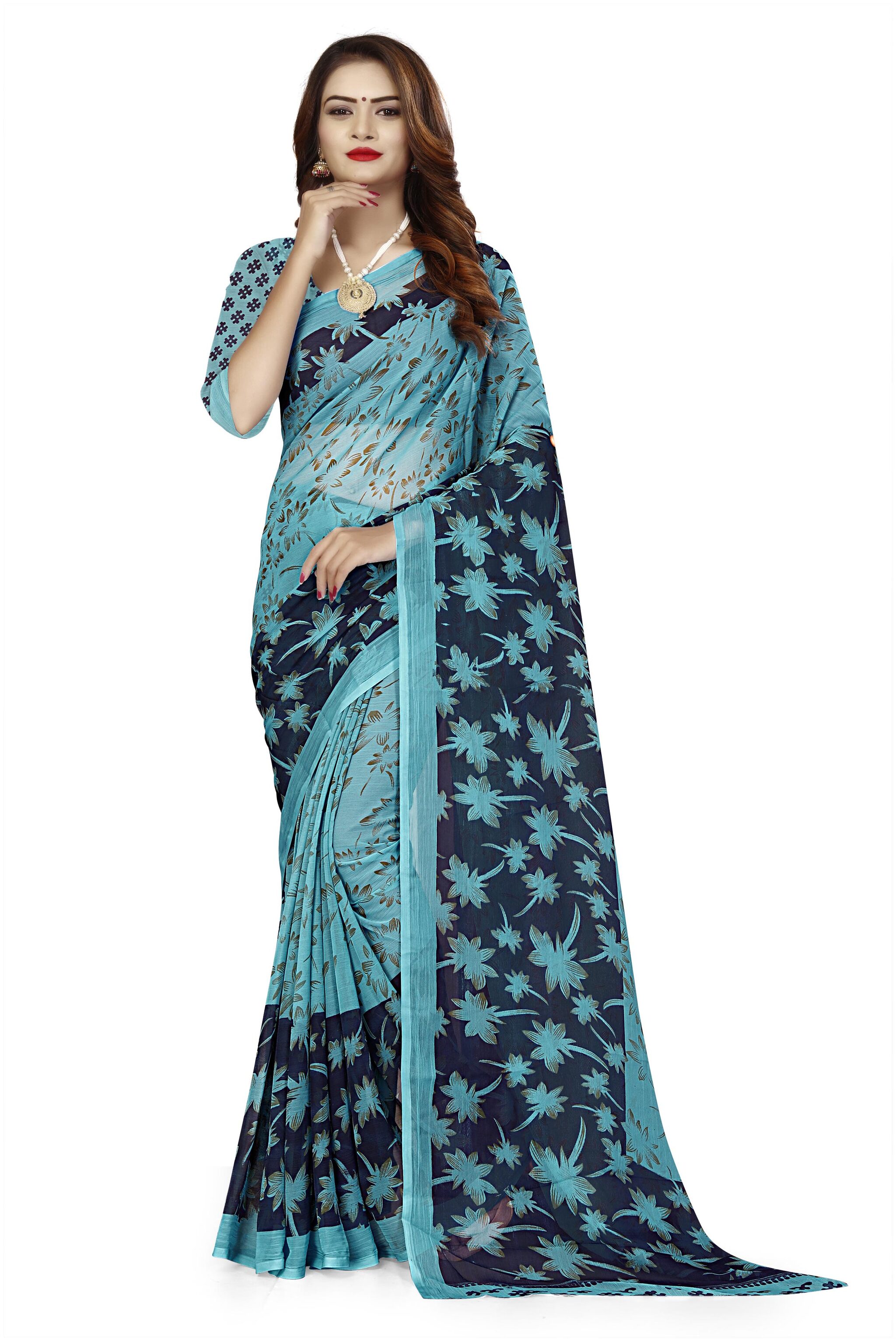 

RUNAYA NX Chiffon Blue Floral Saree for women