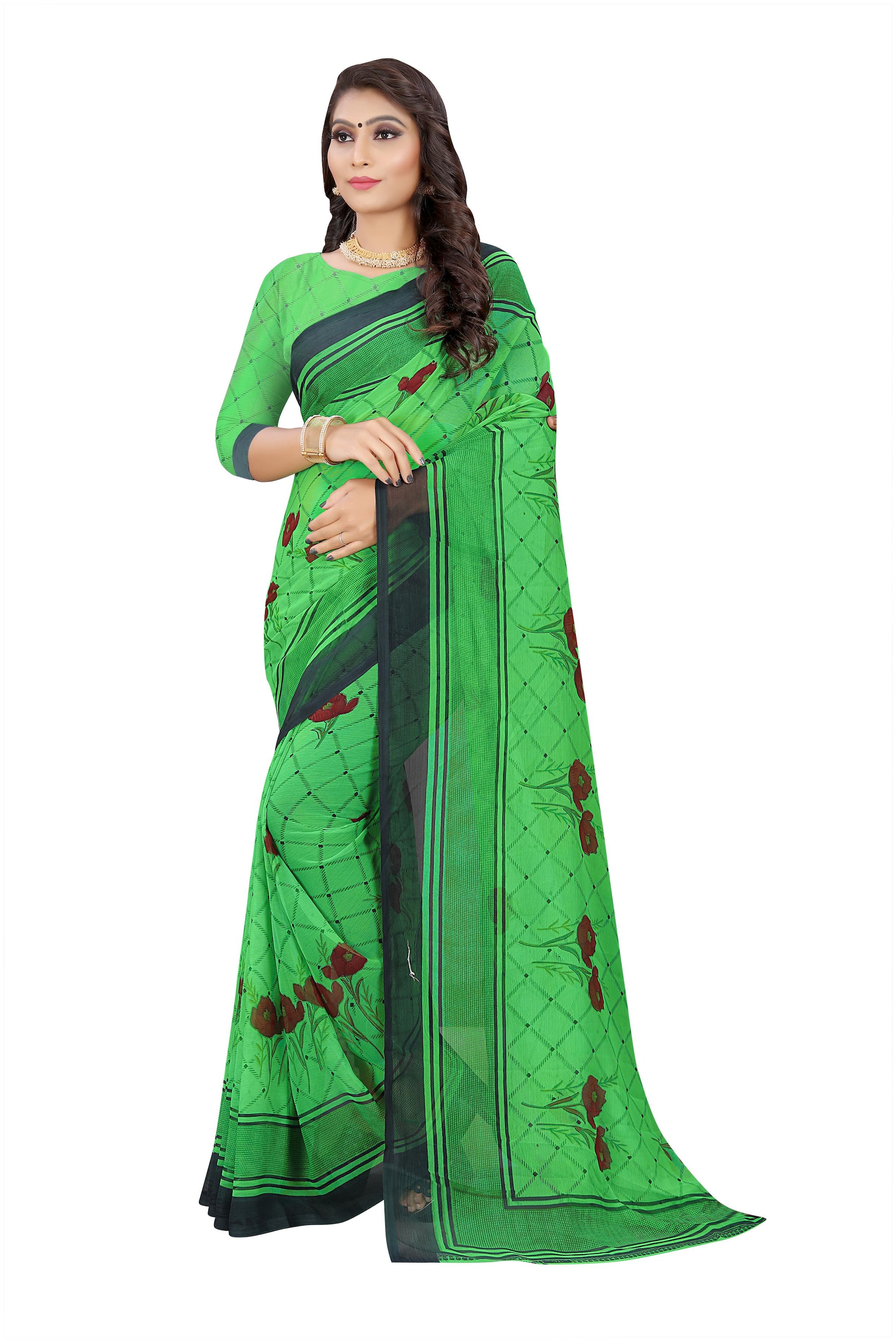 

RUNAYA NX Chiffon No Work Party Wear Half Half Saree Green