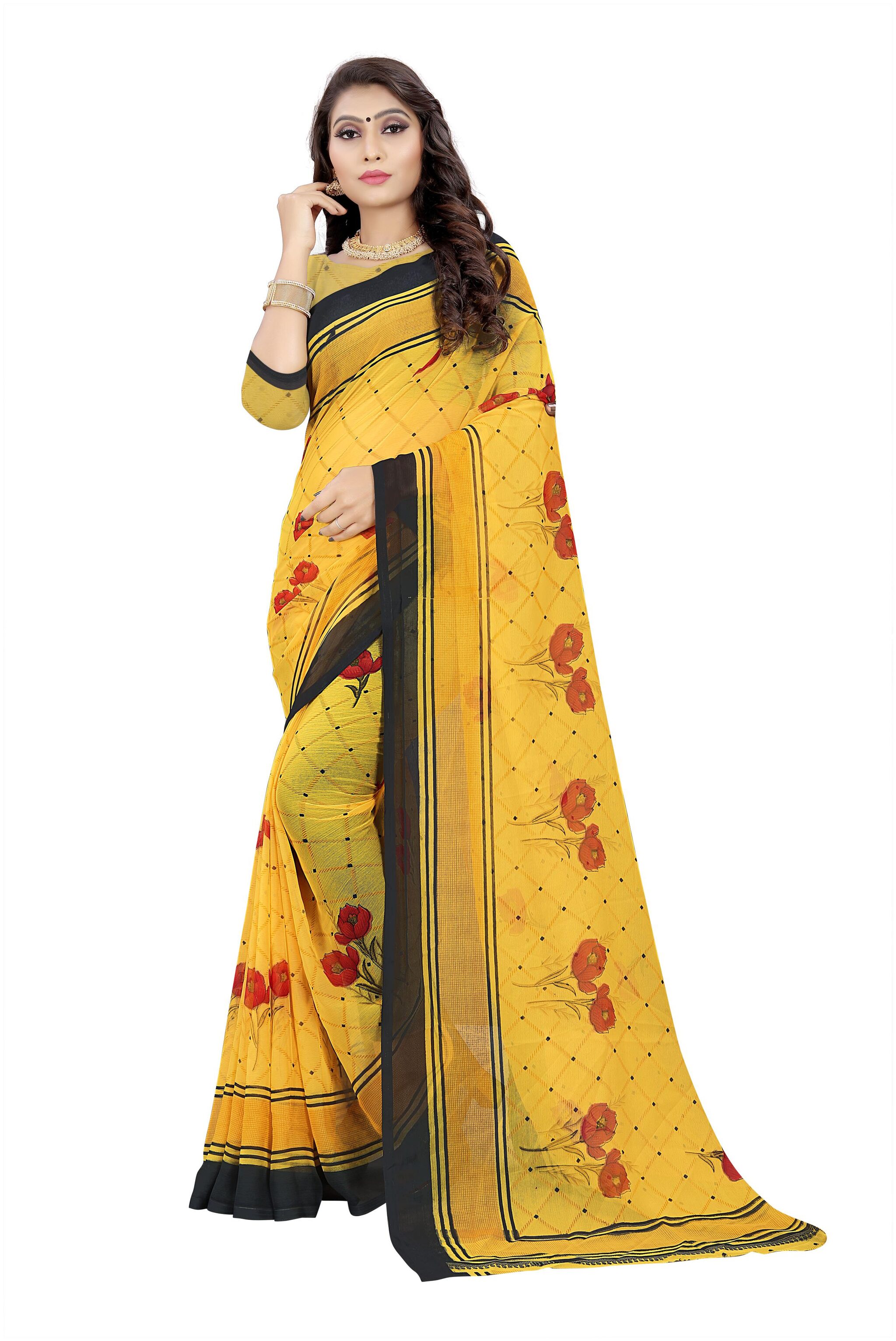 

RUNAYA NX Chiffon No Work Party Wear Half Half Saree Yellow