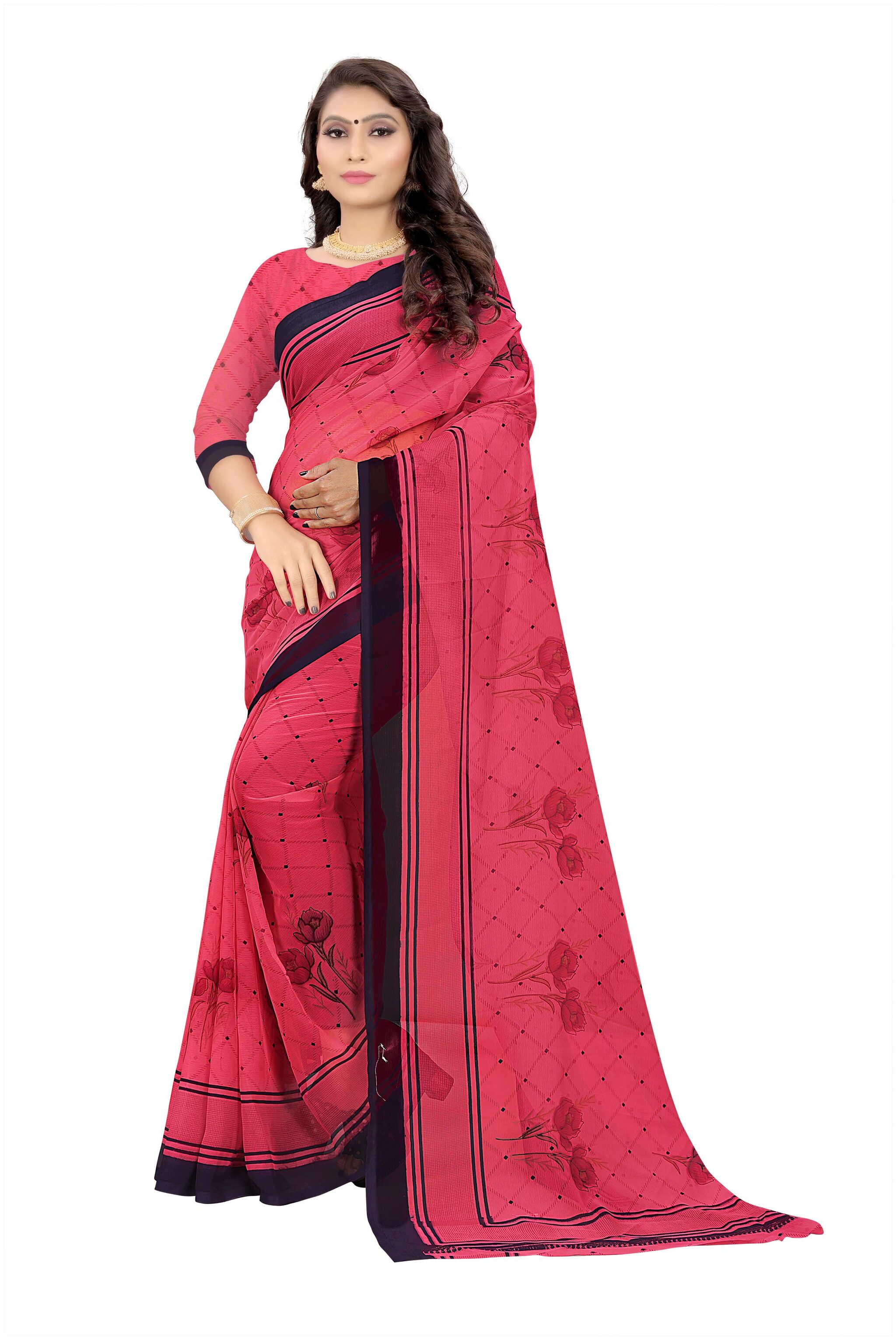 

RUNAYA NX Chiffon No Work Party Wear Half Half Saree Red