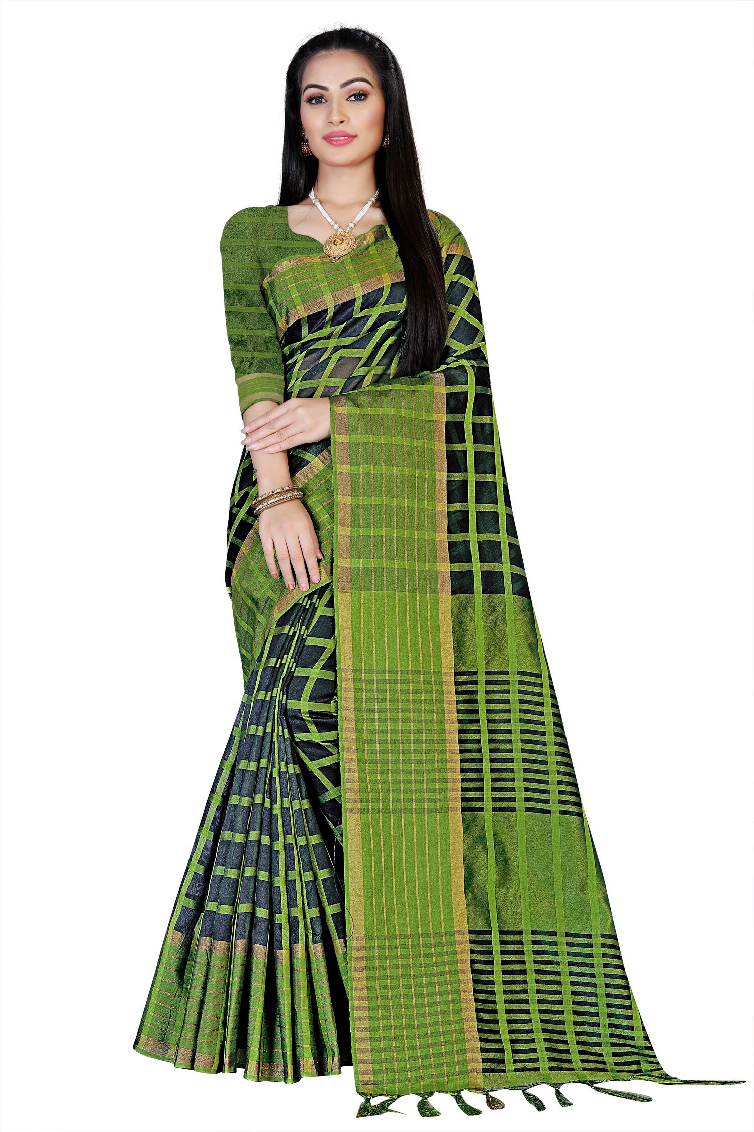 

RUNAYA NX Cotton Checkered Green Color Saree with Blouse
