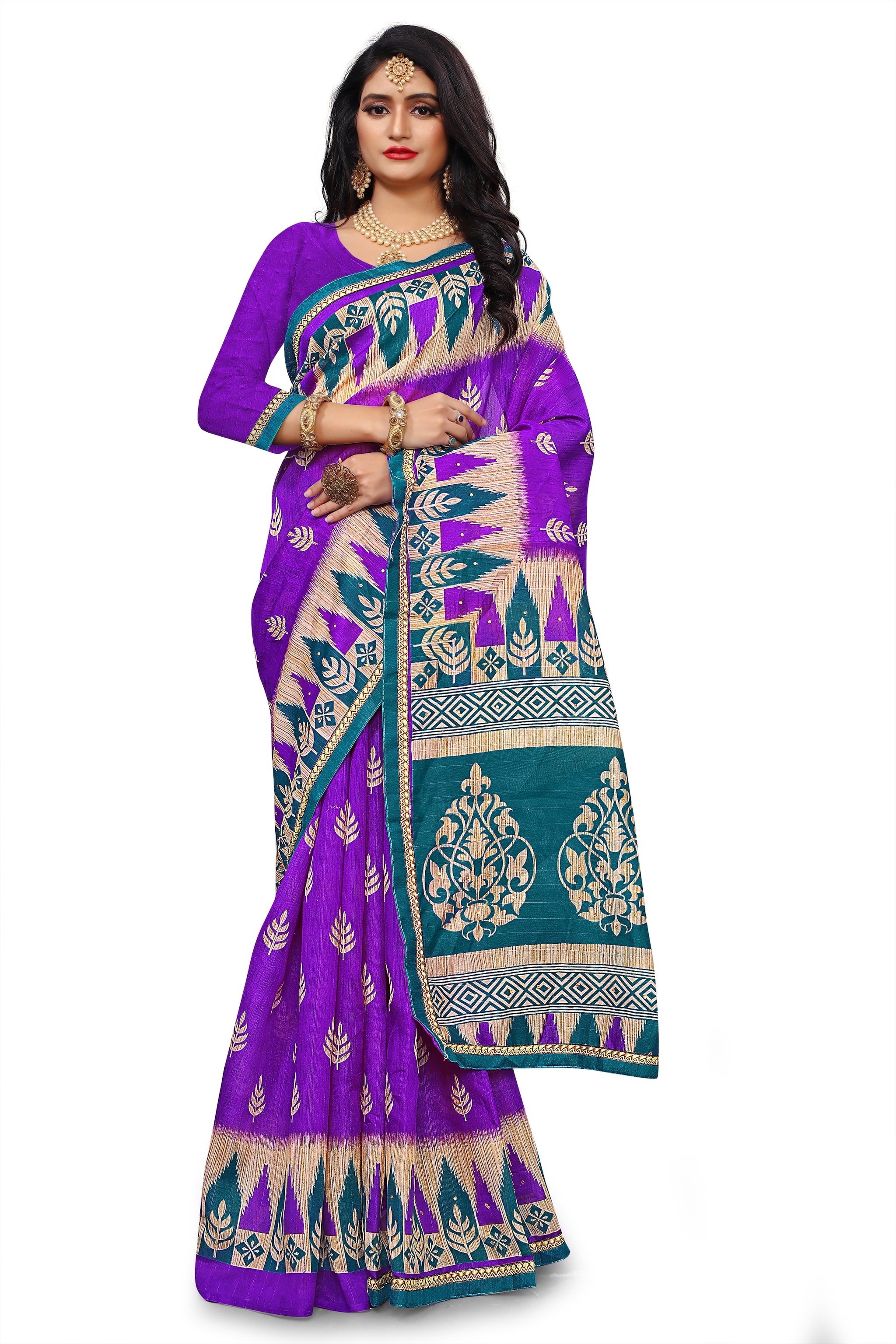 

RUNAYA NX Women Cotton Printed Purple Saree With Blouse