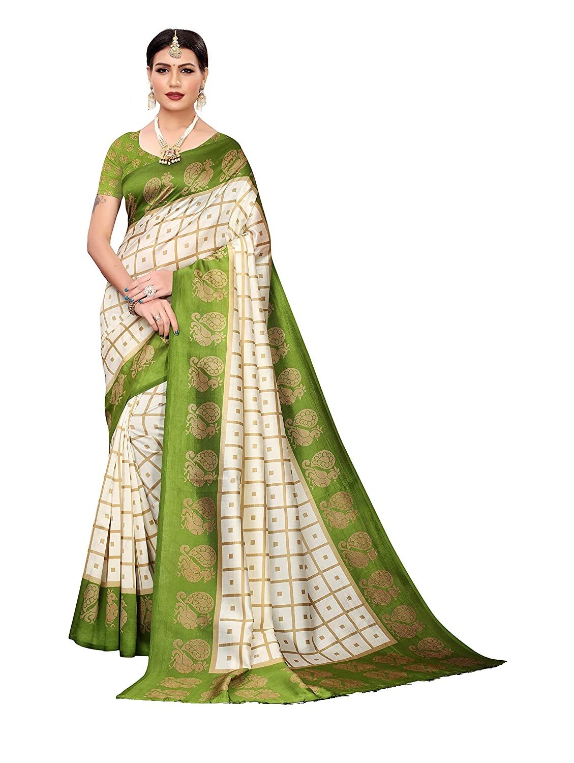 

RUNAYA NX Women Artificial Silk Checkered Green White Saree With Blouse