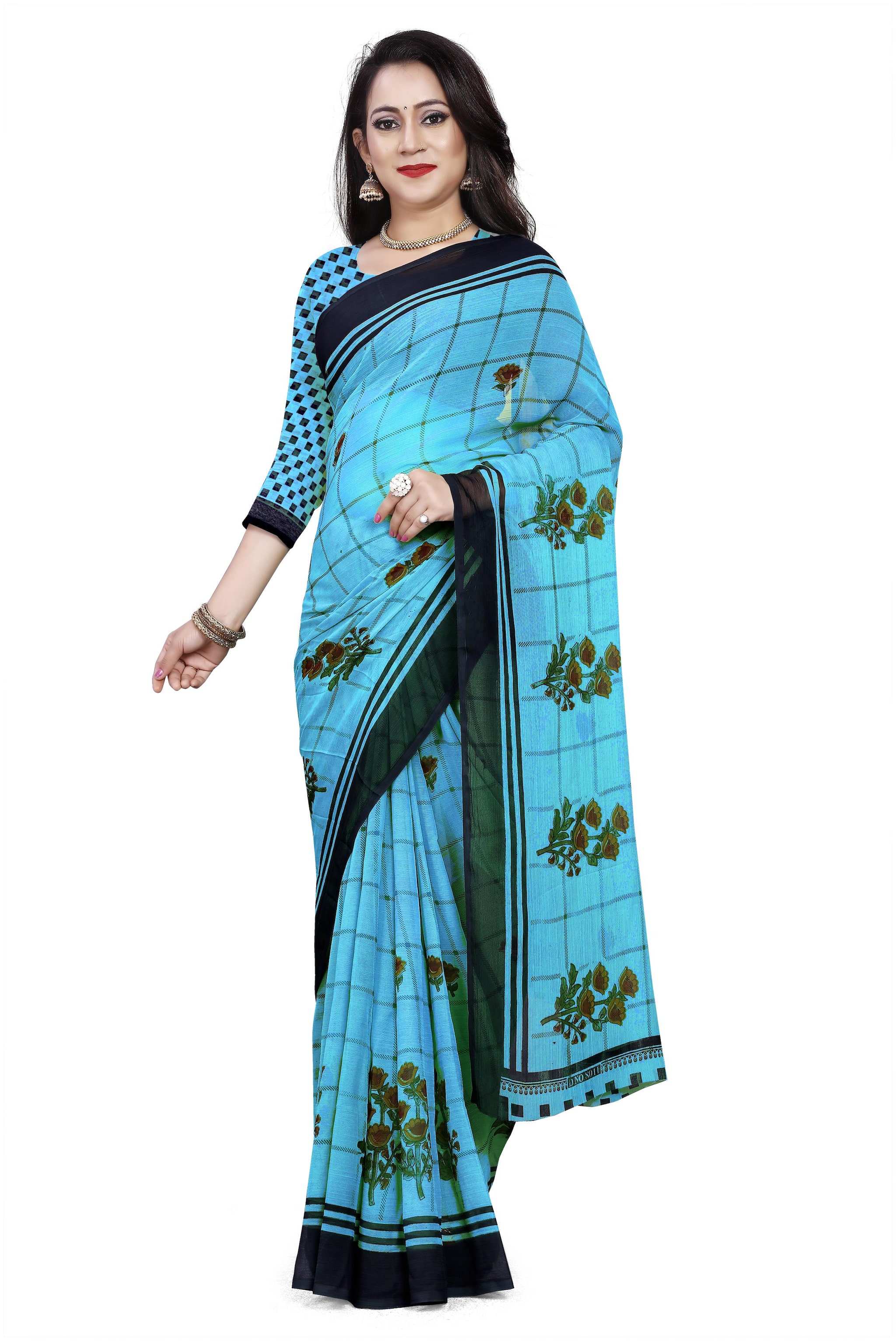 

RUNAYA NX Women Chiffon Floral Blue Saree With Blouse