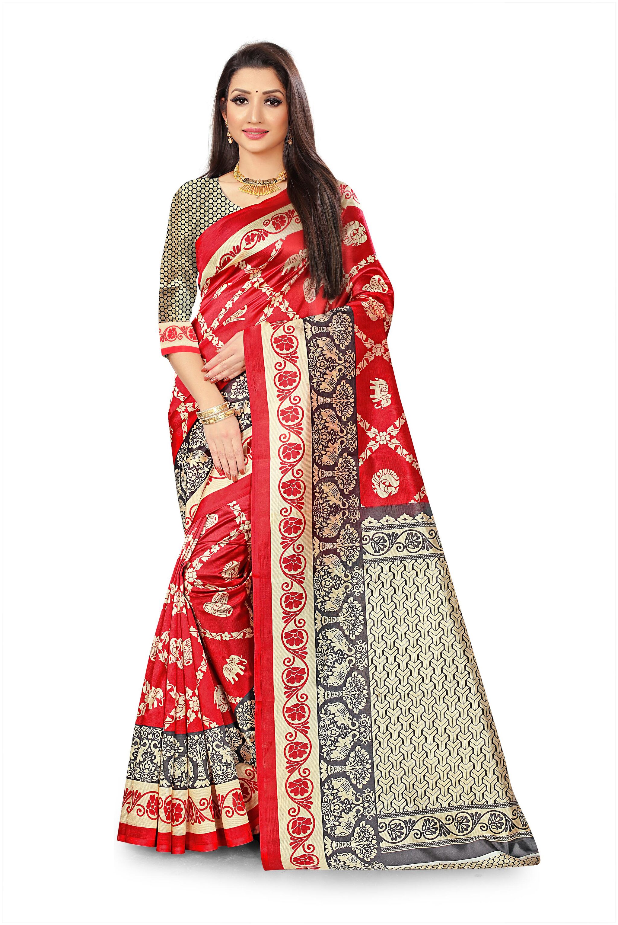 

RUNAYA NX Women Artificial Silk Red Saree With Blouse