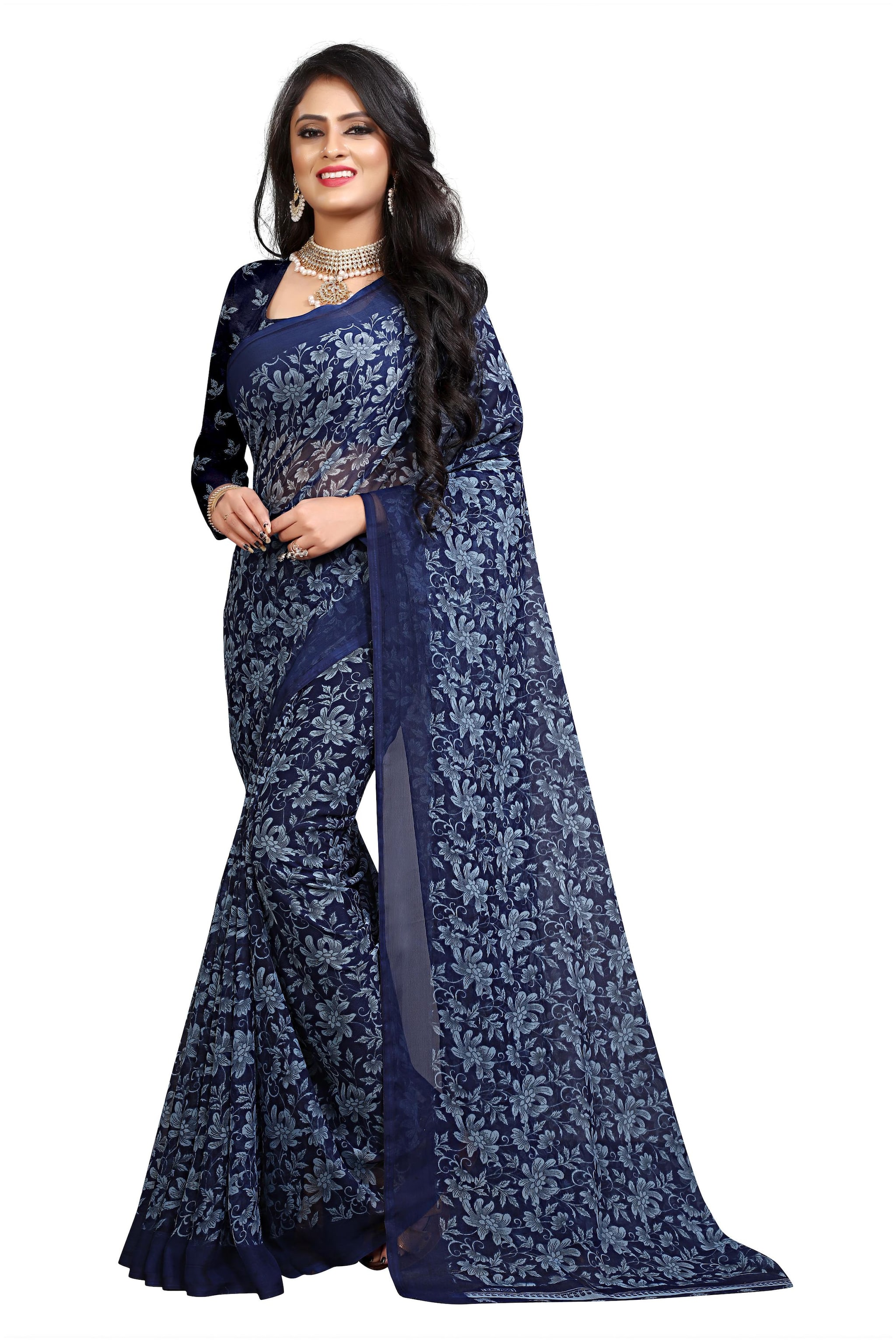 

RUNAYA NX Women Chiffon Blue Saree With Blouse