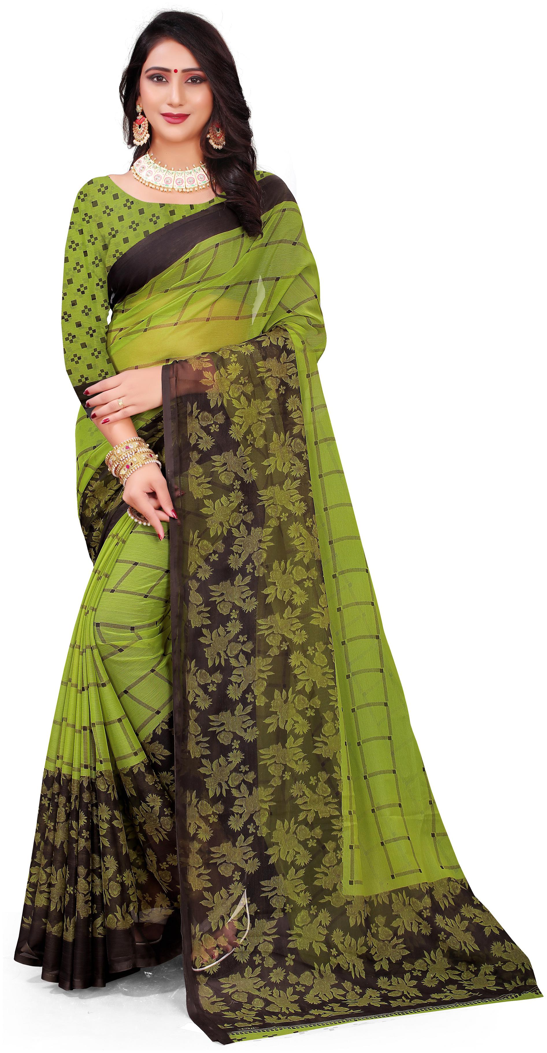 

RUNAYA NX Women Chiffon Checkered Green Saree With Blouse