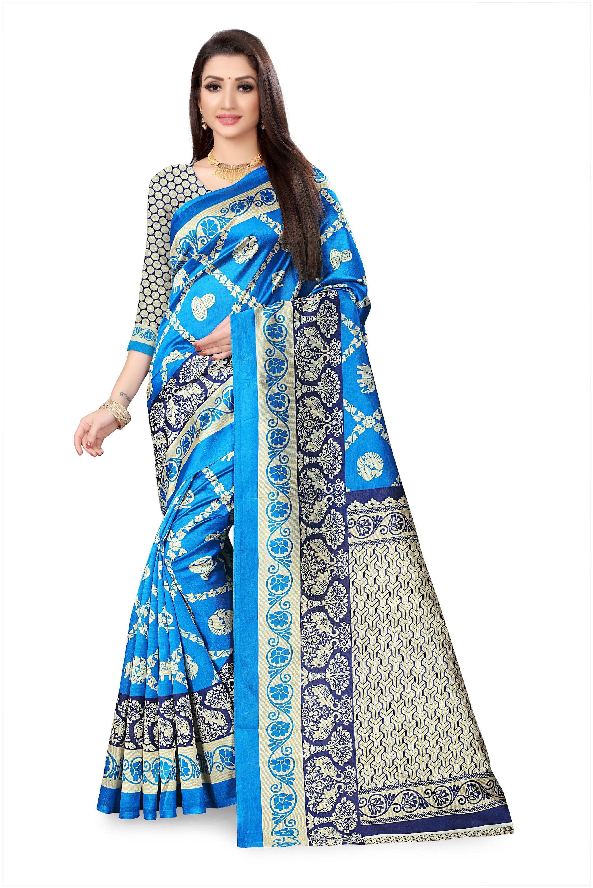 

RUNAYA NX Women Artificial Silk Blue Saree With Blouse