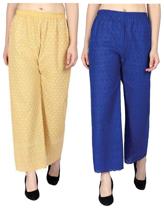 

RZLECORT Blue Yellow Embroidered Straight Palazzo
