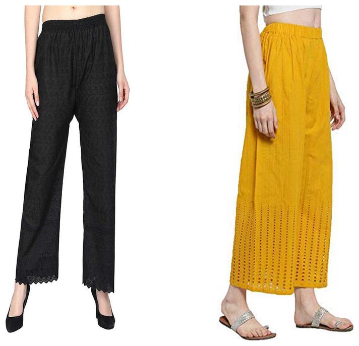 

RZLECORT Black Yellow Embroidered Straight Palazzo