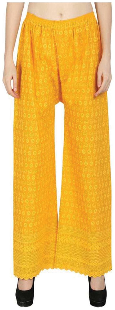 RZLECORT Women Cotton Blend Embroidered Palazzos Yellow