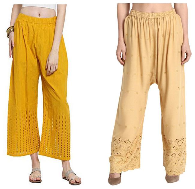 

RZLECORT Beige Yellow Embroidered Straight Palazzo