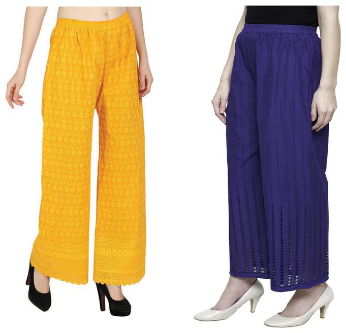 

RZLECORT Yellow Blue Embroidered Straight Palazzo