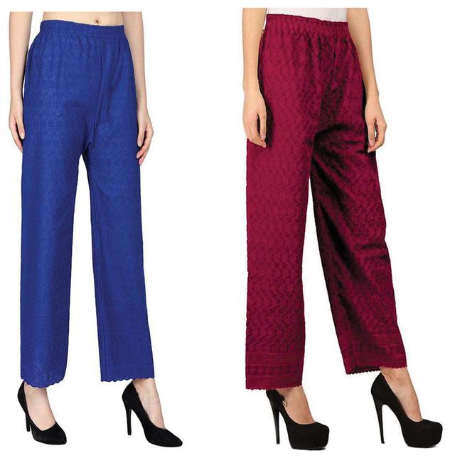 

RZLECORT Maroon Blue Embroidered Straight Palazzo