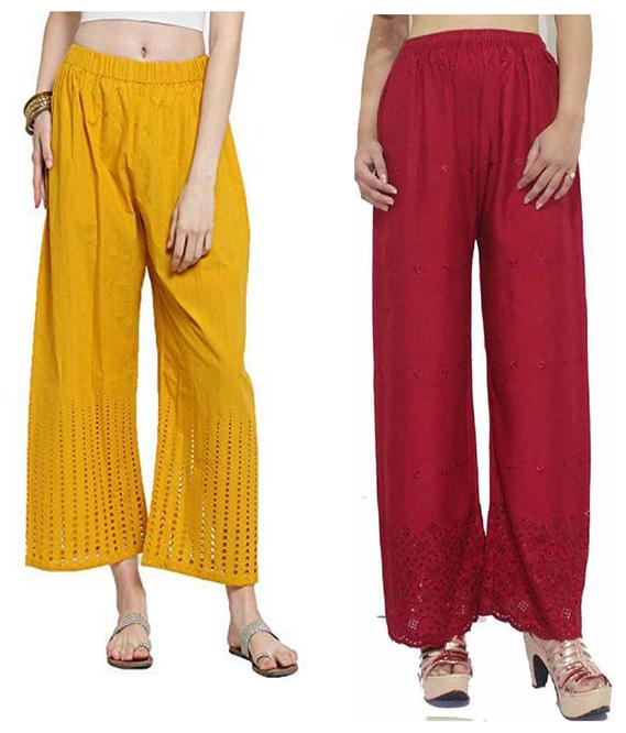 

RZLECORT Maroon Yellow Embroidered Straight Palazzo