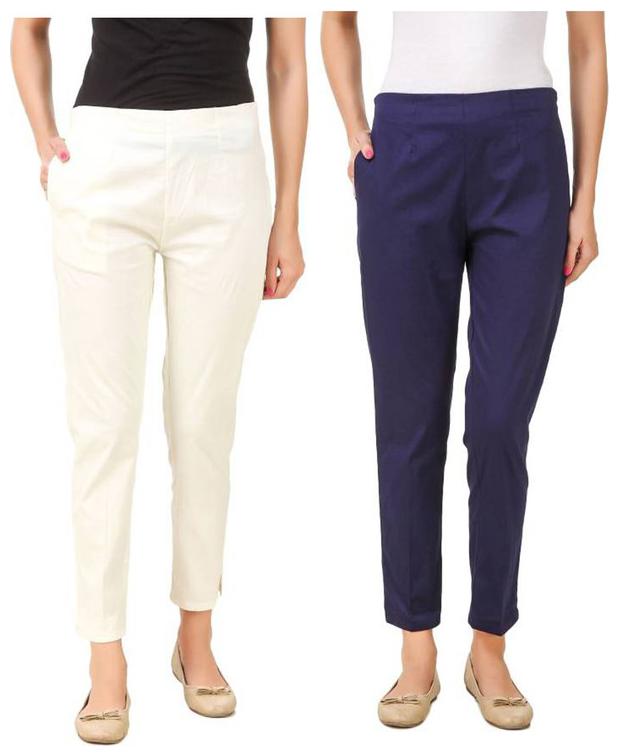 

RZLECORT Women White Blue Regular fit Regular pants