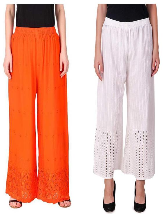 

RZLECORT White Orange Embroidered Straight Palazzo