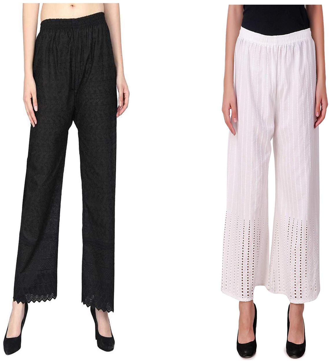 

RZLECORT Women Cotton Blend Embroidered Palazzos Black White