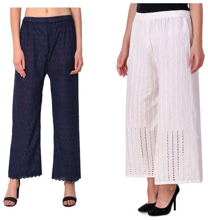 

RZLECORT Navy Blue White Embroidered Straight Palazzo