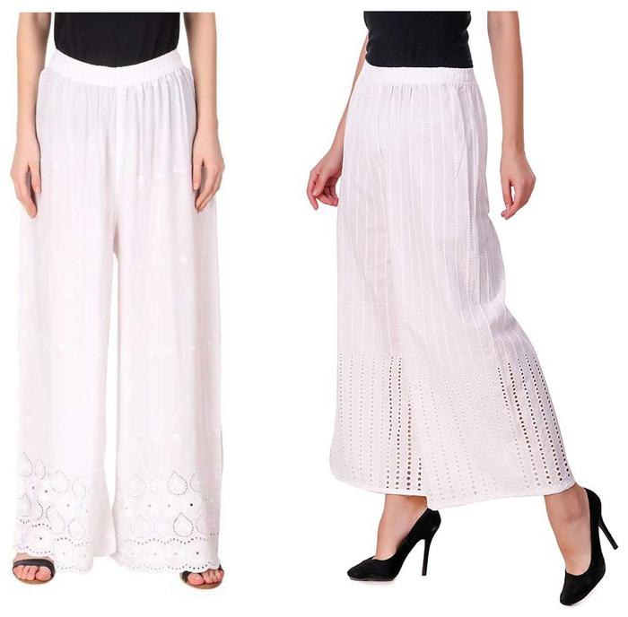 

RZLECORT White Embroidered Straight Palazzo