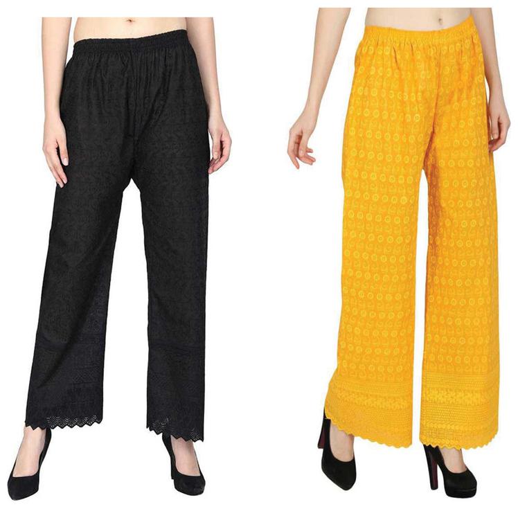 

RZLECORT Yellow Black Embroidered Straight Palazzo