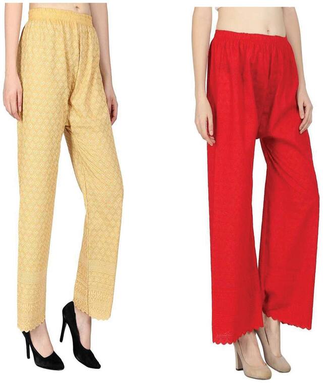 RZLECORT  Women Cotton Blend Regular Palazzos Beige and Red color