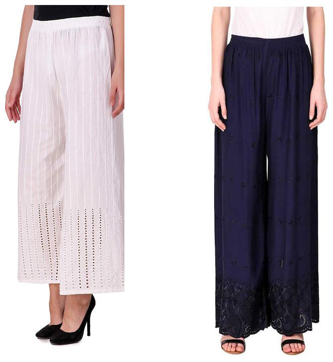 

RZLECORT White Blue Embroidered Straight Palazzo