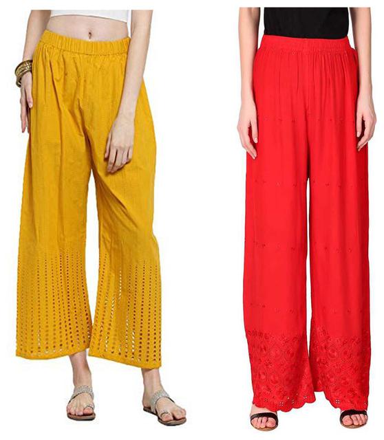 

RZLECORT Yellow Red Embroidered Straight Palazzo