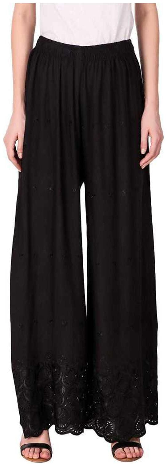 RZLECORT Women Cotton Blend Embroidered Palazzos Black