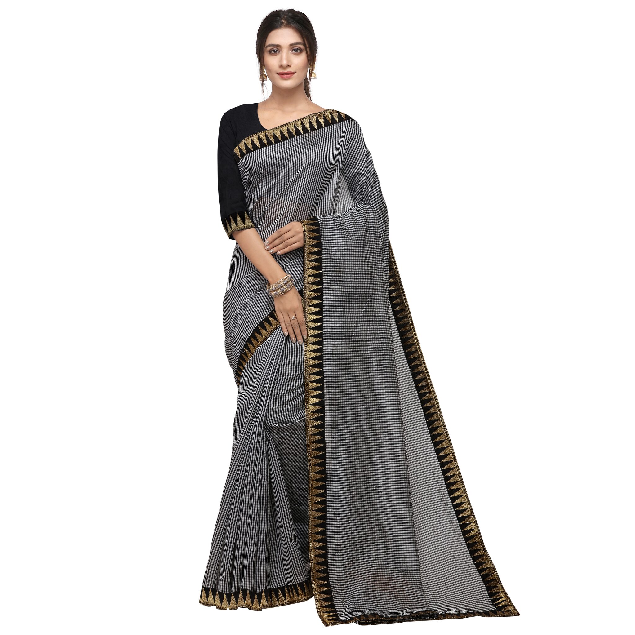 

S B Krupa Women Cotton Daily Wear Saree With Blouse (Black Grey)