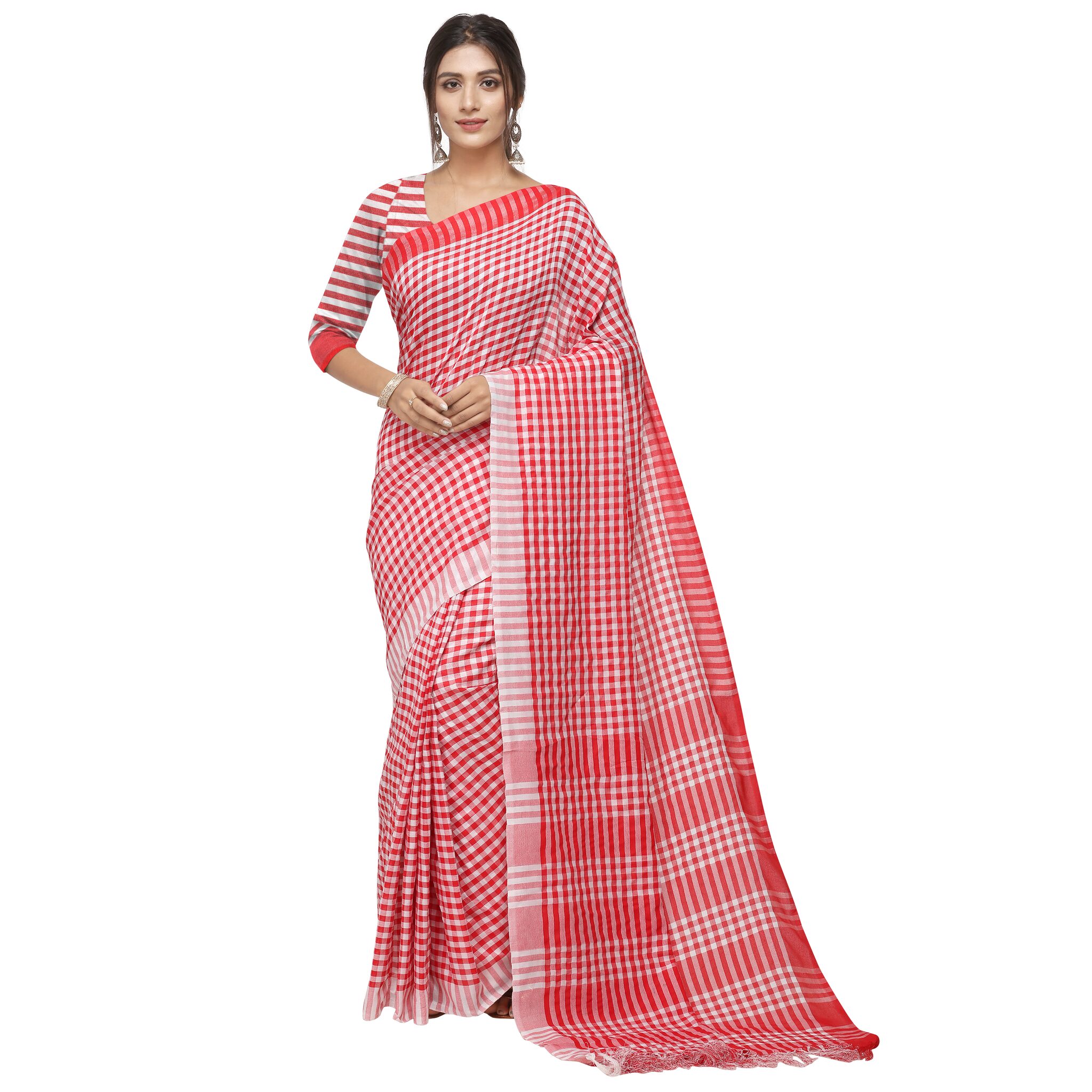 

S B Krupa Women Linen Daily Wear Saree With Blouse (Red White)