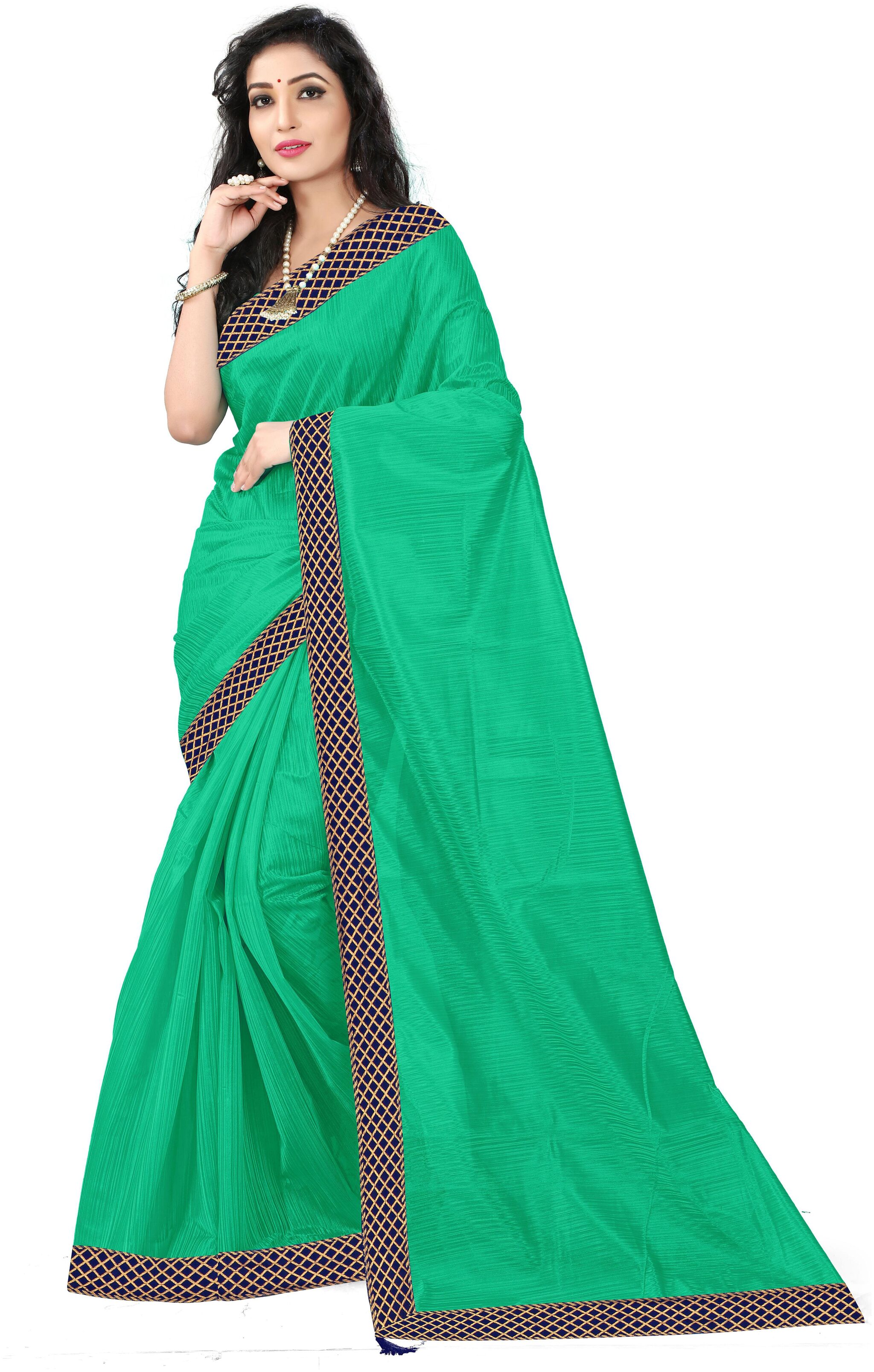 

Saadhvi Artificial Silk Solid Green Color Lace work Regular Saree With Blouse