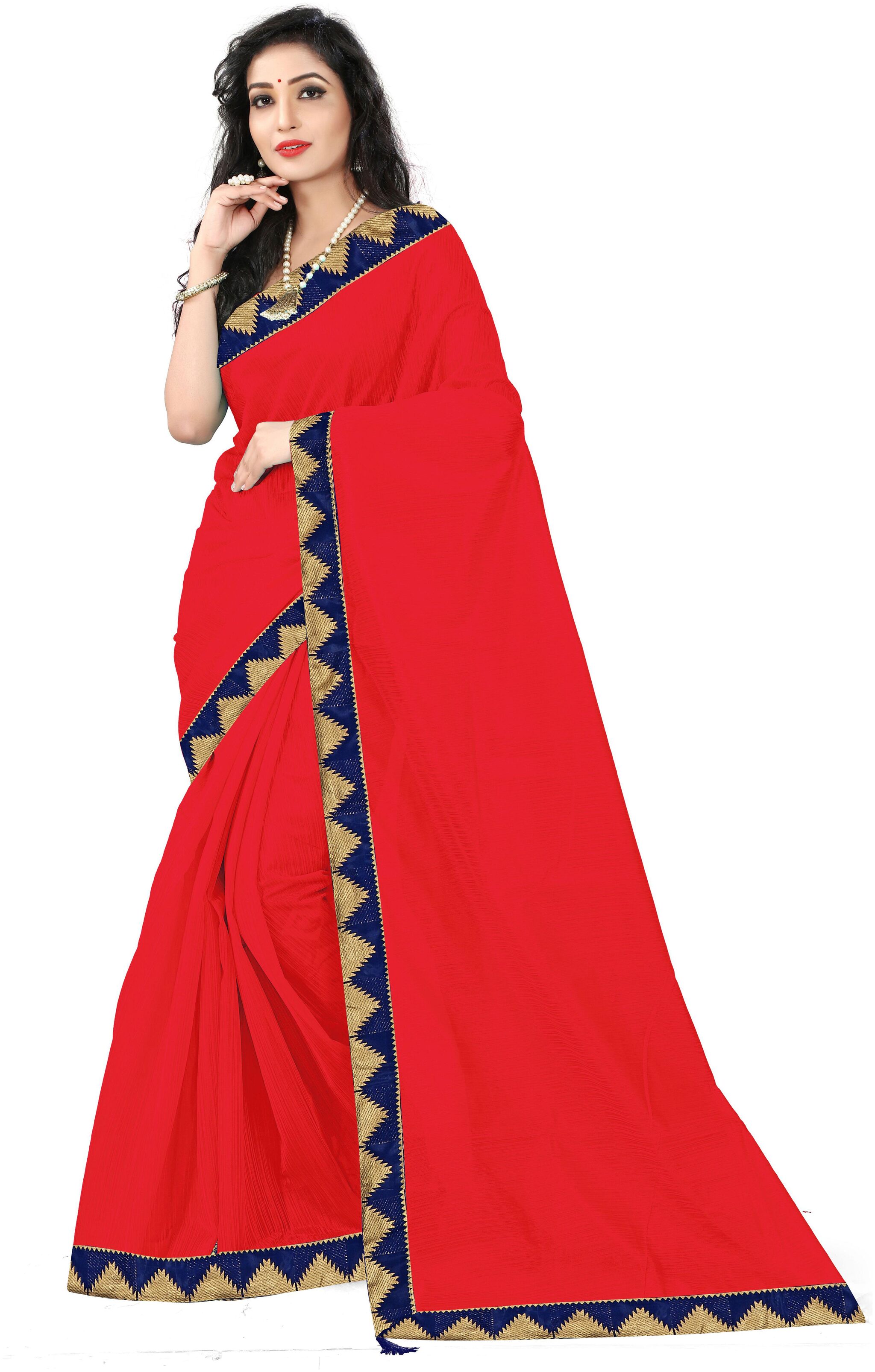 

Saadhvi Artificial Silk Solid Red Color Lace Work Saree with Blouse