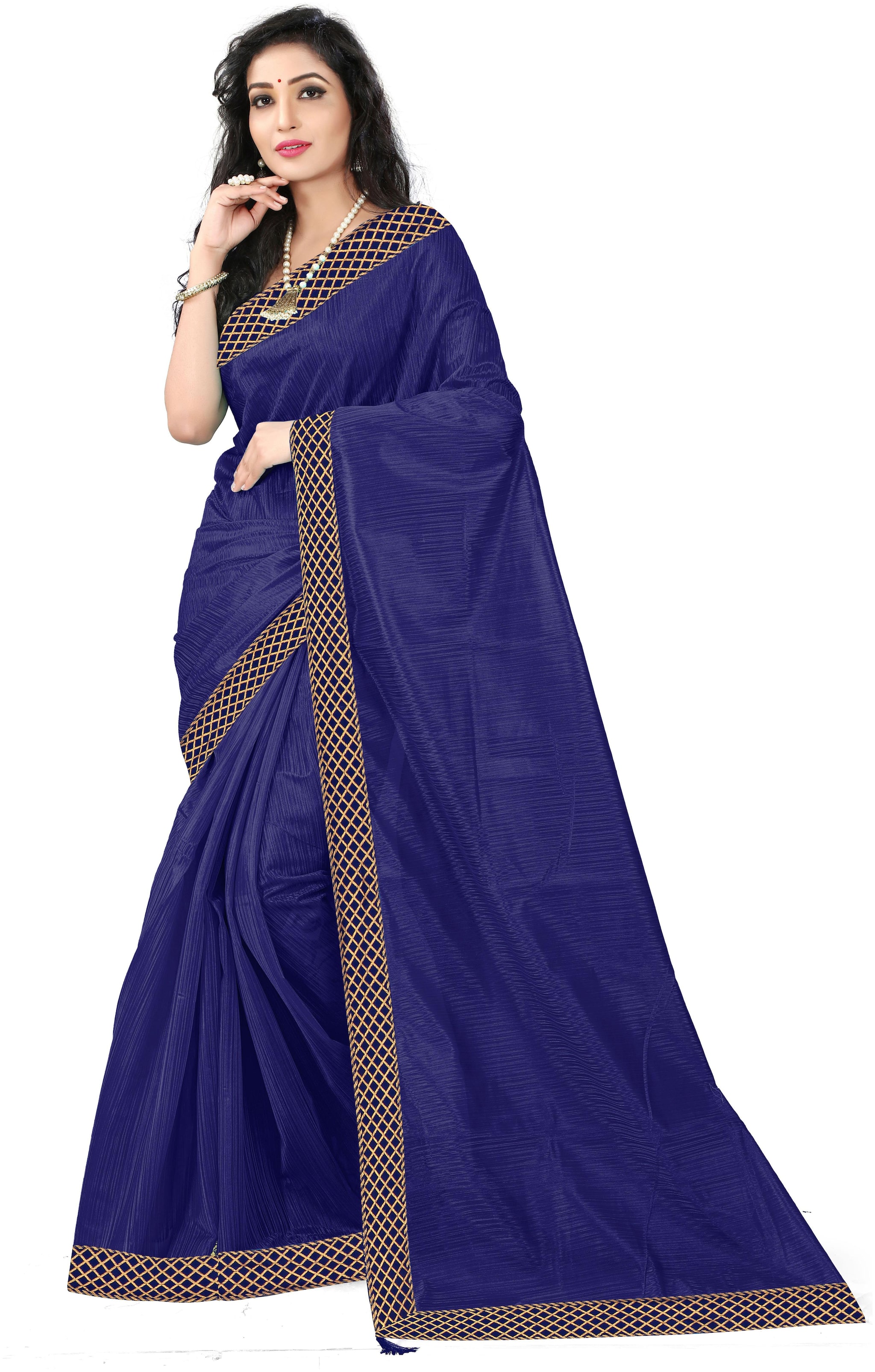 

Saadhvi Artificial Silk Solid Navy Blue Color Lace work Regular Saree With Blouse