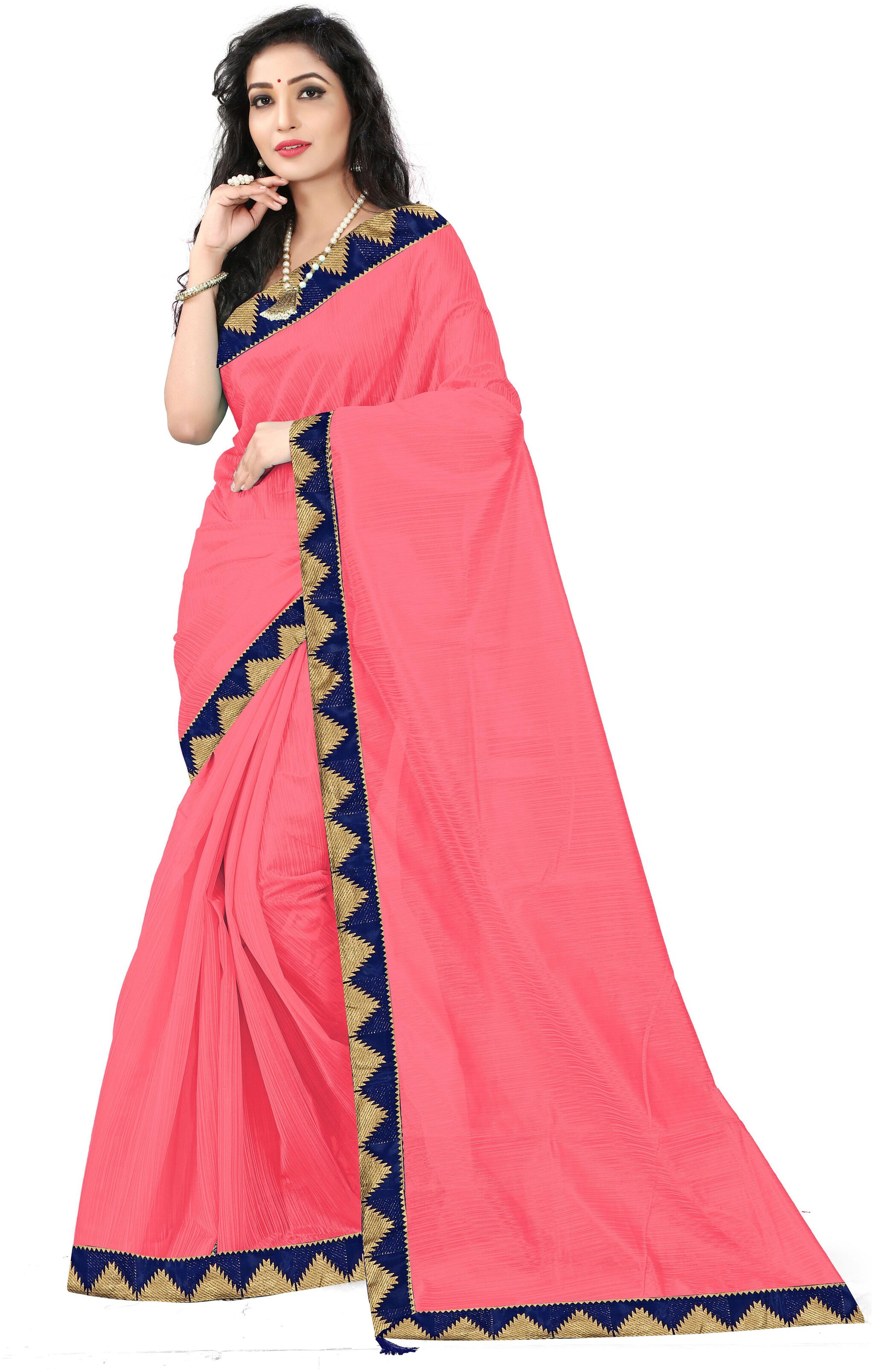 

Saadhvi Artificial Silk Solid Pink Color Lace Work Saree with Blouse
