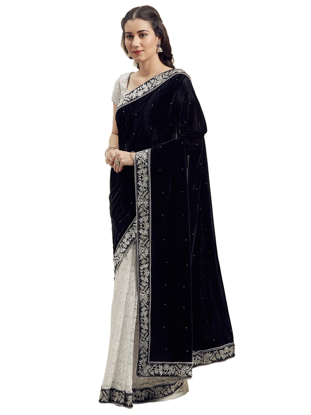 

Saadhvi Embroidered Velvet Party Wear Saree with Blouse For Women (Black White)