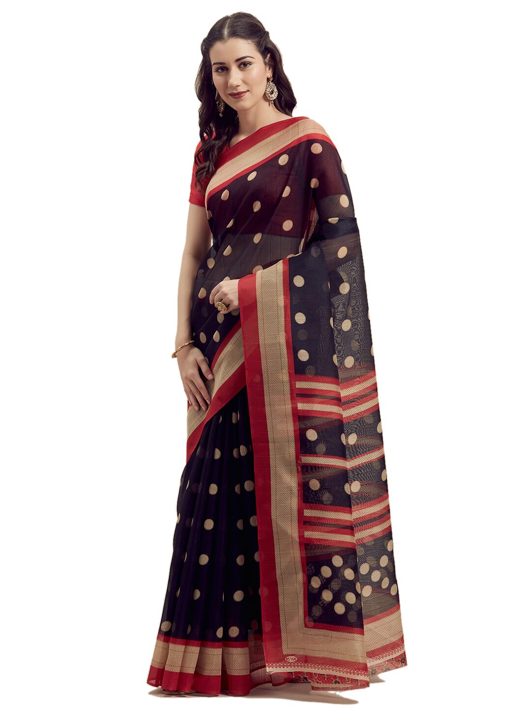 

Saadhvi Polka Dots Artificial Silk Daily Wear Saree with Blouse For Women (Black)