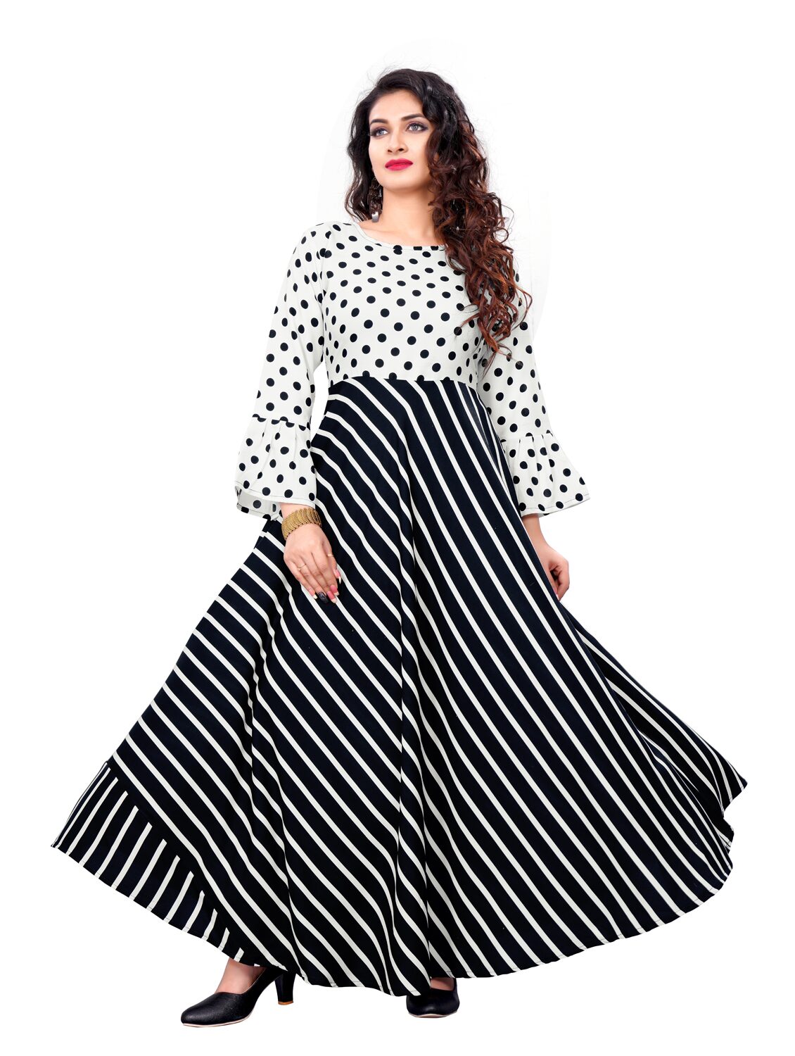 

Saadhvi Crepe Polka Dots Black White Stitched Gown