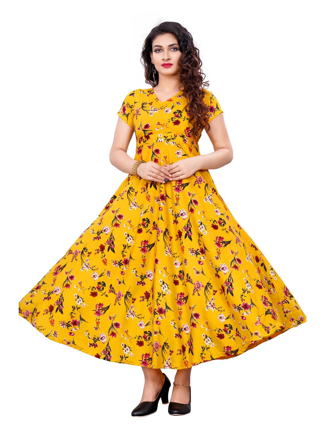 

Saadhvi Crepe Floral Yellow Stitched Gown