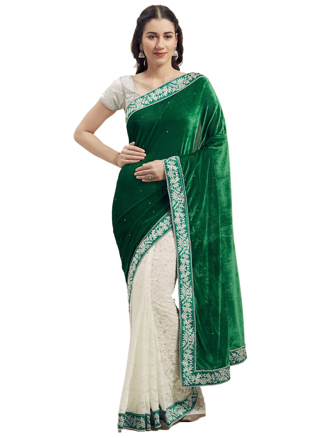 

Saadhvi Embroidered Velvet Party Wear Saree with Blouse For Women (Green White)