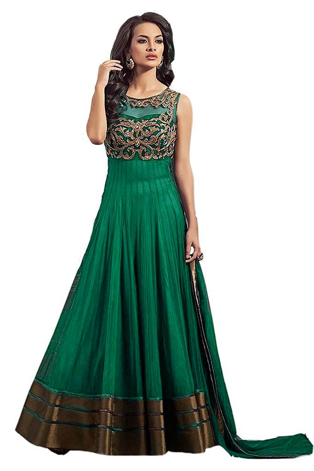

Saadhvi Green Net Embroidered Semi Stitched Gown