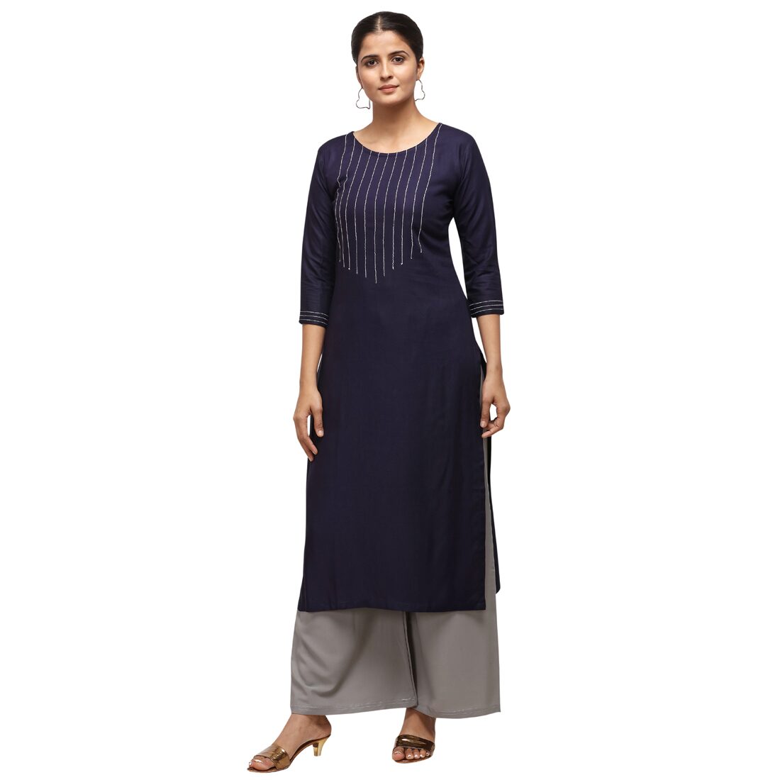 

Saadhvi Women Navy Blue Embroidered Straight Kurta