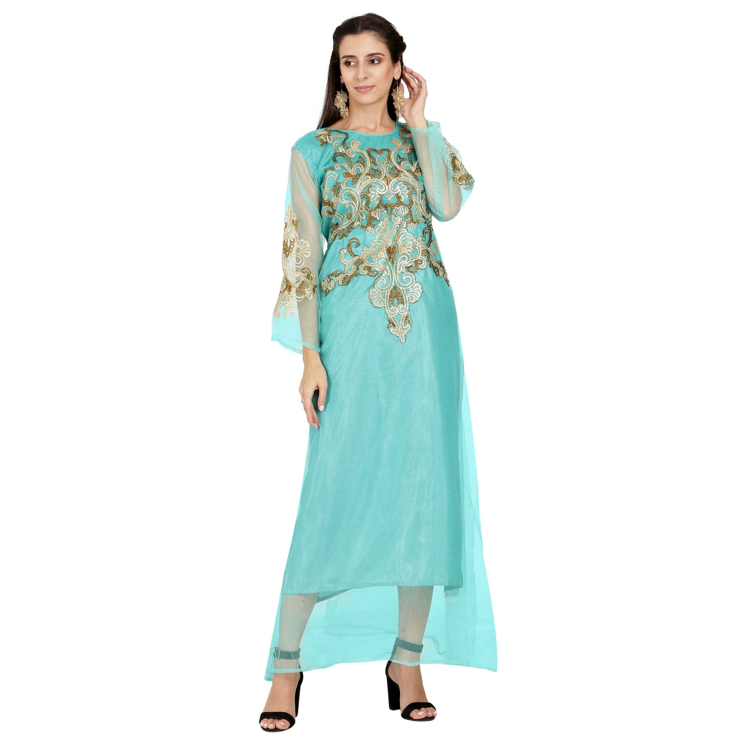 

Saadhvi Net Embroidered Green Gown For Women