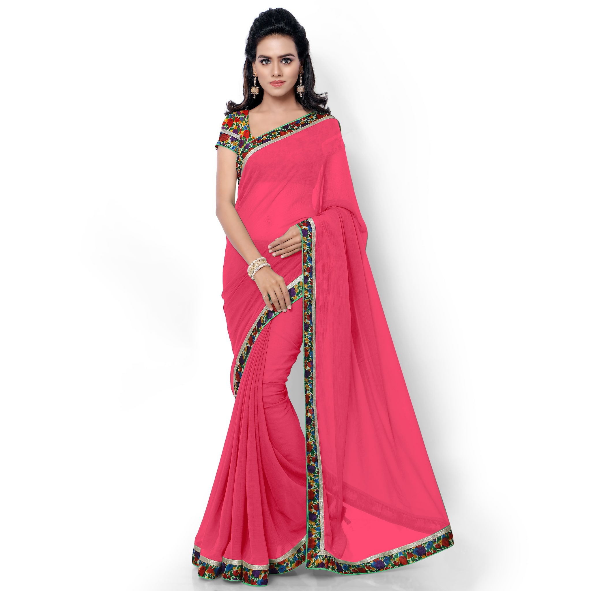

Saadhvi Pink Georgette Lace Border Plain Saree with Blouse