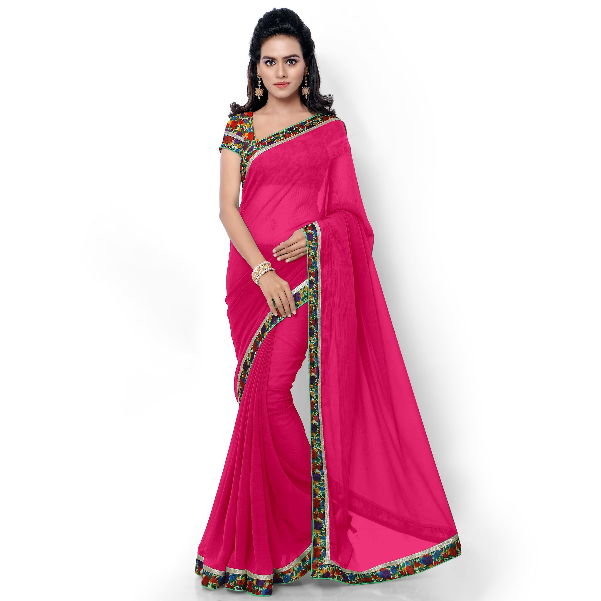 

Saadhvi Pink Georgette Lace Border Plain Saree with Blouse