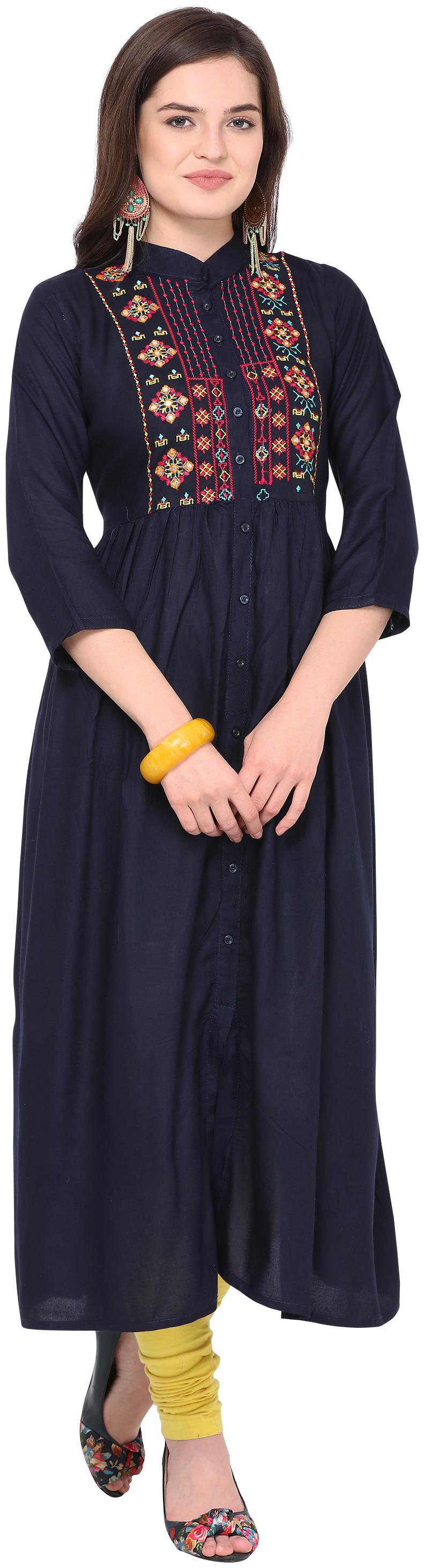 

Saadhvi Women Navy Blue Embroidered Straight Kurta