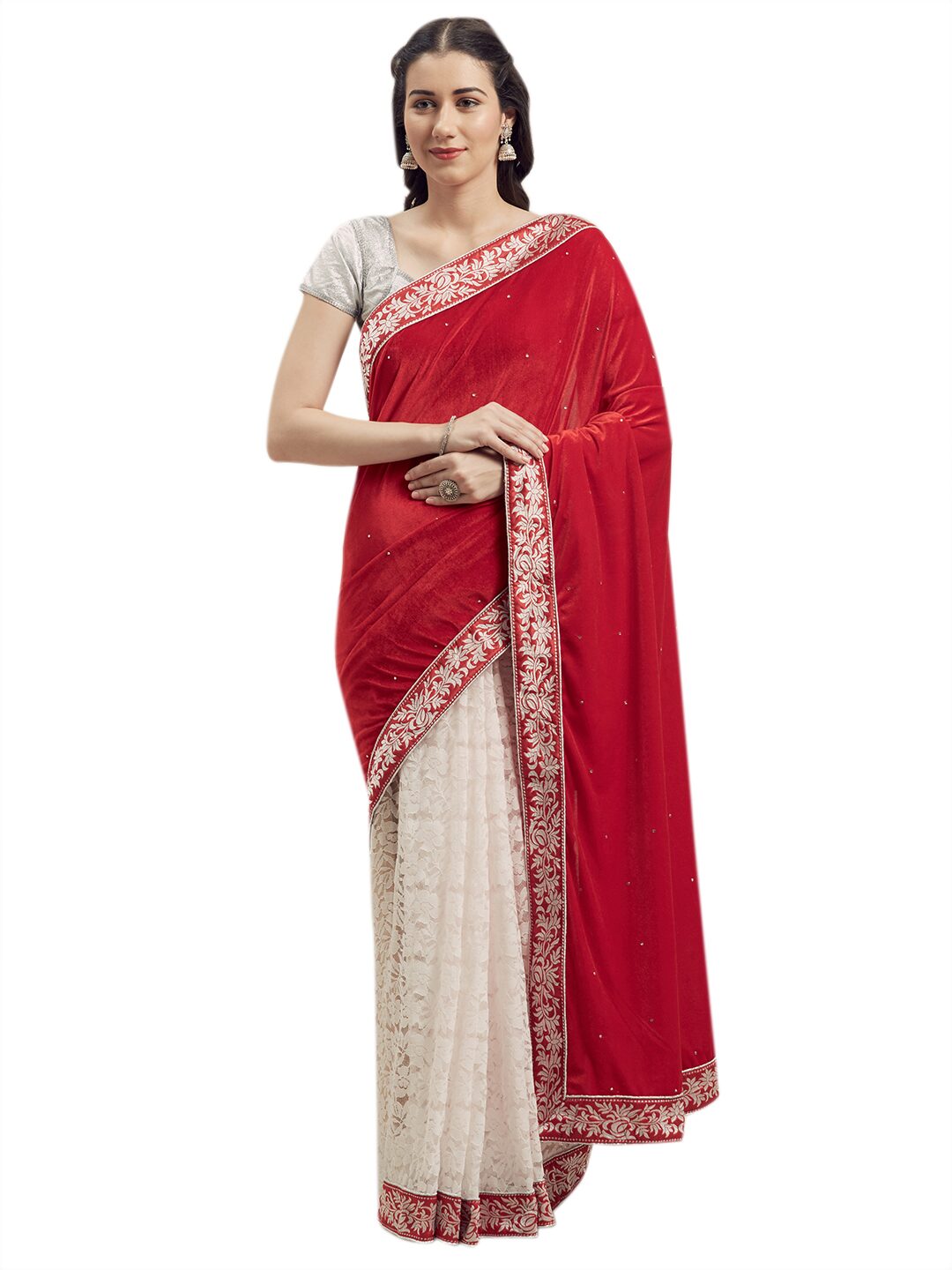 

Saadhvi Embroidered Velvet Party Wear Saree with Blouse For Women (Red White)